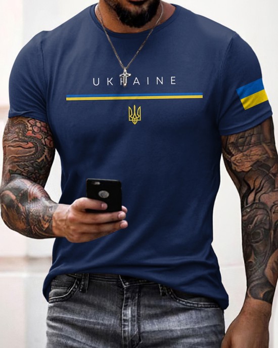 Man's Ukraine Flag Print Crew Neck Short Sleeve T-shirt Man's Ukraine Flag Print Crew Neck Short Sleeve T-shirt