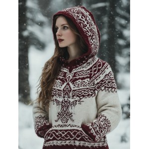 Women's Vintage Viking Valentine's Day Love Jacquard Hooded Sweater