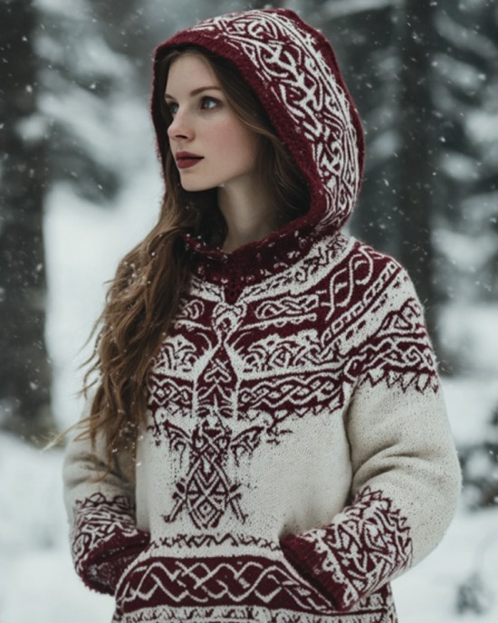 Women's Vintage Viking Valentine's Day Love Jacquard Hooded Sweater Women's Vintage Viking Valentine's Day Love Jacquard Hooded Sweater