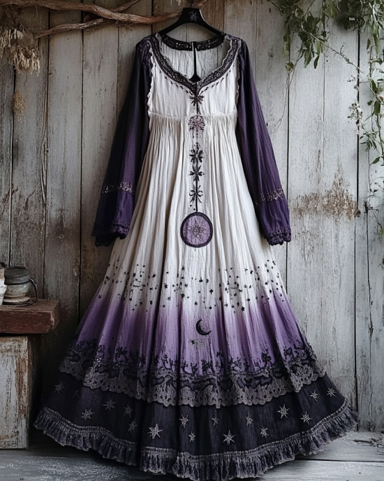 Women's Retro Tribal Star And Moon Gradient Design Long Dress Women's Retro Tribal Star And Moon Gradient Design Long Dress