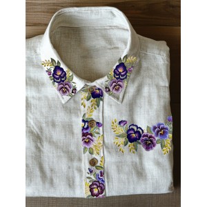 Classy Pansy Floral Embroidered Linen Blend Blouse