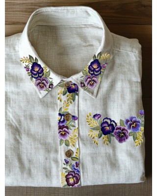 Classy Pansy Floral Embroidered Linen Blend Blouse