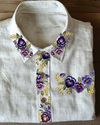 Classy Pansy Floral Embroidered Linen Blend Blouse