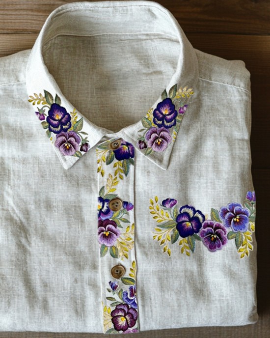Classy Pansy Floral Embroidered Linen Blend Blouse Classy Pansy Floral Embroidered Linen Blend Blouse