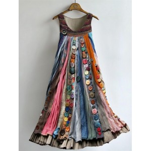 Boho Colorful Textile Flowy Linen Blend Tank Dress