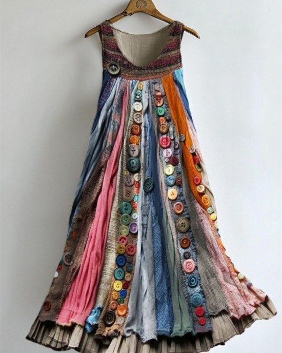 Boho Colorful Textile Flowy Linen Blend Tank Dress Boho Colorful Textile Flowy Linen Blend Tank Dress