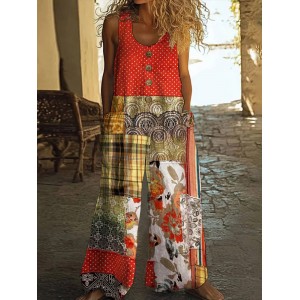 Vintage Square Patchwork Polka Dot Art Women's Linen Wide Leg Jumpsuit
