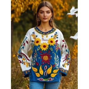 Ukrainian Peace Floral Embroidery Crew Neck Linen Shirt
