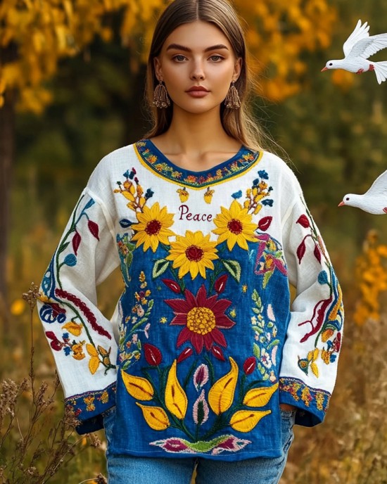 Ukrainian Peace Floral Embroidery Crew Neck Linen Shirt Ukrainian Peace Floral Embroidery Crew Neck Linen Shirt