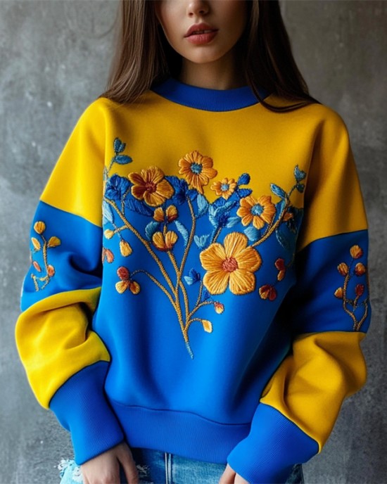 Ukraine Classy Floral Embroidered Contrast Color Sweatshirt Ukraine Classy Floral Embroidered Contrast Color Sweatshirt