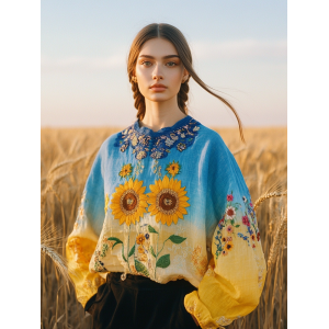 Women's Ukrainian Flag Sunflower Embroidered Crew Neck Linen Blend T-shirt