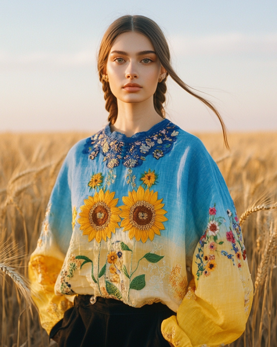 Women's Ukrainian Flag Sunflower Embroidered Crew Neck Linen Blend T-shirt Women's Ukrainian Flag Sunflower Embroidered Crew Neck Linen Blend T-shirt