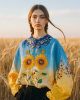 Women's Ukrainian Flag Sunflower Embroidered Crew Neck Linen Blend T-shirt Women's Ukrainian Flag Sunflower Embroidered Crew Neck Linen Blend T-shirt