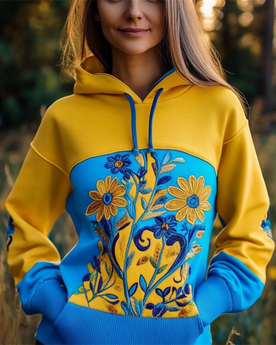 Ukraine Sunflowers Embroidered Contrast Patchwork Hoodie Ukraine Sunflowers Embroidered Contrast Patchwork Hoodie