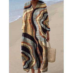 Vintage Geometric Art Linen Blend Maxi Dress