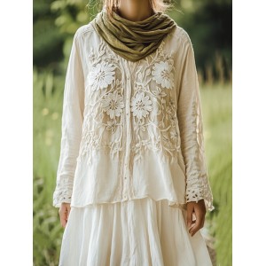 Women's Retro Floral Lace Embroidery Art Long Sleeve Casual Shirt