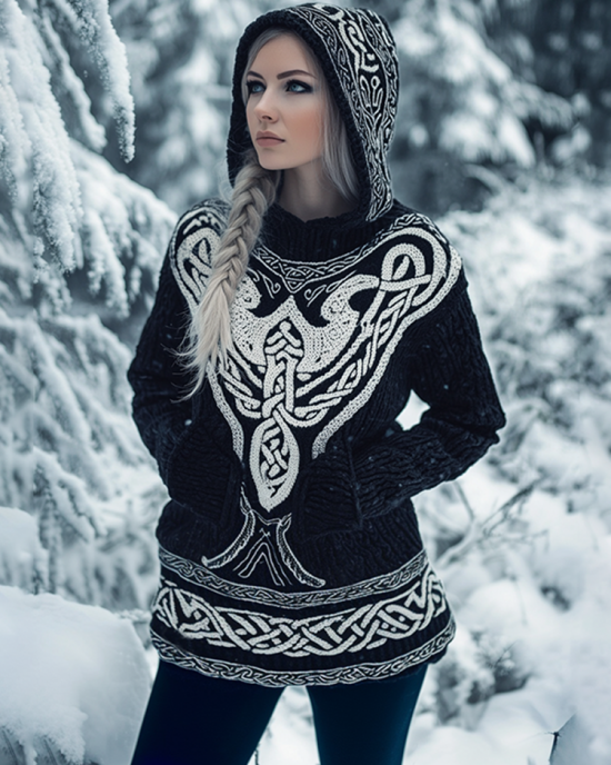 Women's Viking Tribal Celtic Chunky Knit Hooded Sweater Women's Viking Tribal Celtic Chunky Knit Hooded Sweater
