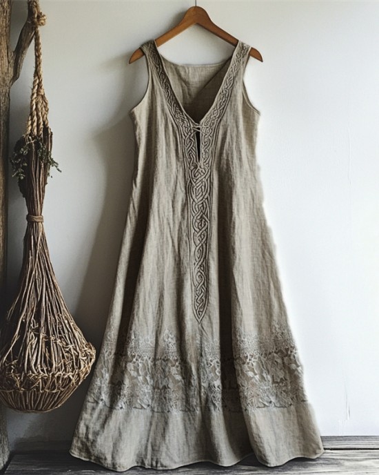 Vintage Celtic Knot Lace Patchwork Linen Tank Dress