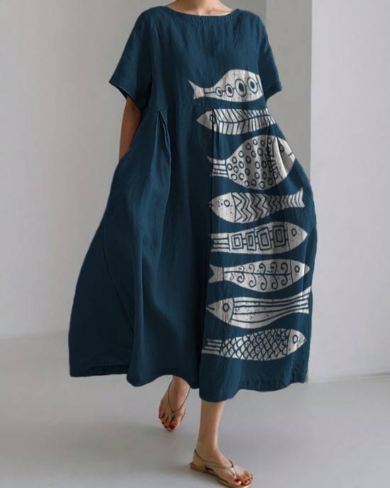 Fish Japanese Lino Art Flowy Linen Blend Maxi Dress Fish Japanese Lino Art Flowy Linen Blend Maxi Dress