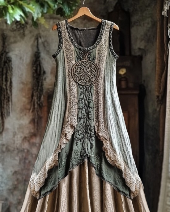 Tribal Celtic Knot Plant Embroidery Lace Patchwork Art Linen Tank Dress Tribal Celtic Knot Plant Embroidery Lace Patchwork Art Linen Tank Dress
