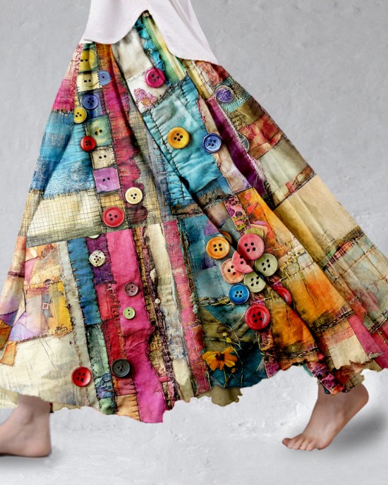 Colorful Boho Patchwork Flowy Linen Blend Wide Skirt Colorful Boho Patchwork Flowy Linen Blend Wide Skirt