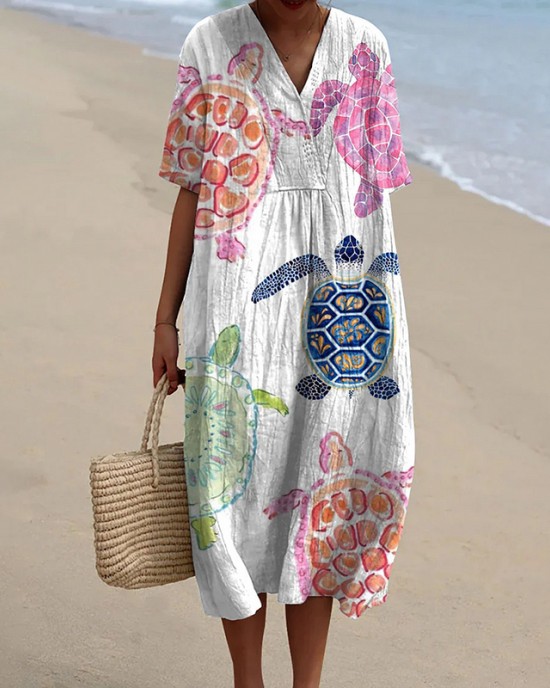 Women's Resort Collection Watercolor Turtle Pattern Casual Flowy Midi Dress Women's Resort Collection Watercolor Turtle Pattern Casual Flowy Midi Dress