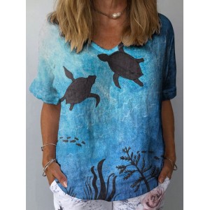 Women's Underwater World Sea Turtle Print Linen Blend T-shirt