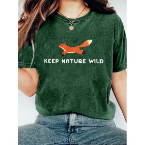 Keep Nature Wild Fox Embroidered Washed T Shirt