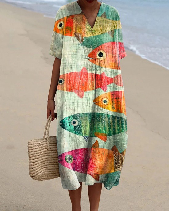 Women's Holiday Series Art Fish Pattern Pattern Casual Flowy Midi Dress Women's Holiday Series Art Fish Pattern Pattern Casual Flowy Midi Dress