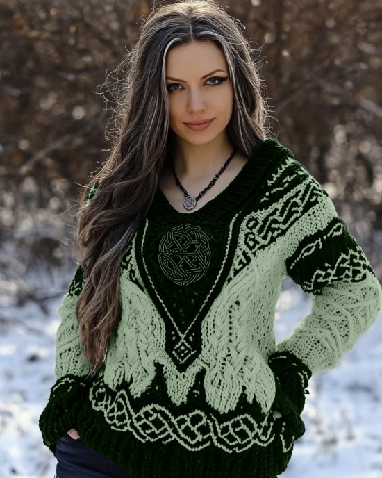 Women's Viking Rune Knit Jacquard V-neck Sweater