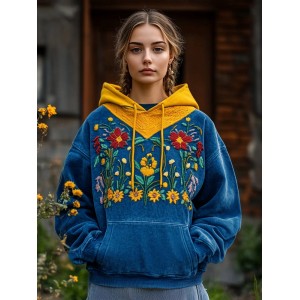 Vintage Ukrainian Folk Floral Embroidered Contrast Color Cozy Hoodie