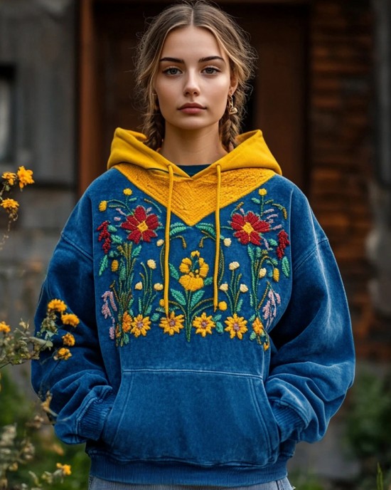 Vintage Ukrainian Folk Floral Embroidered Contrast Color Cozy Hoodie Vintage Ukrainian Folk Floral Embroidered Contrast Color Cozy Hoodie