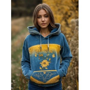 Ukraine Ethnic Floral Embroidered Gradient Washed Hoodie