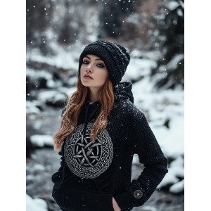 Women's Viking Tribal Jacquard Celtic Inspired Chunky Knit Hooded Sweater