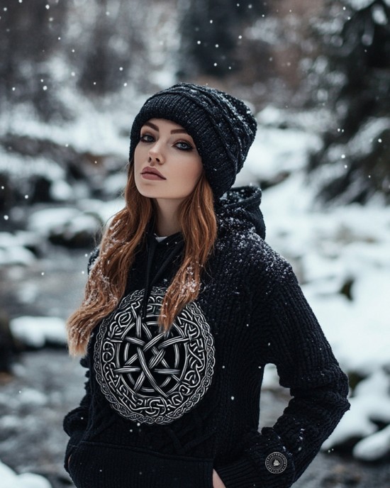 Women's Viking Tribal Jacquard Celtic Inspired Chunky Knit Hooded Sweater