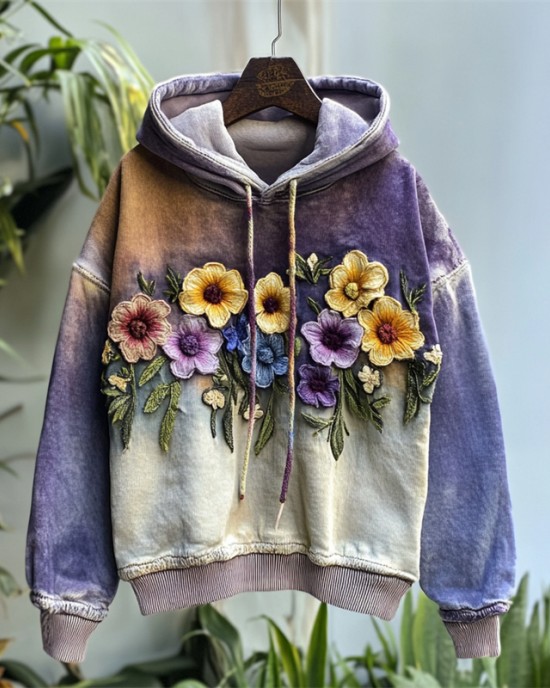 Classy Flowers Embroidered Contrast Color Washed Hoodie Classy Flowers Embroidered Contrast Color Washed Hoodie