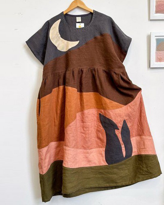 Night Forest Landscape Colorblock Patchwork Linen Dress Night Forest Landscape Colorblock Patchwork Linen Dress