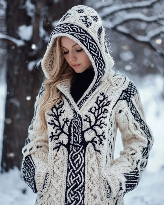 Women's Viking Inspired Celtic Knot Jacquard Knit Hooded Cardigan Women's Viking Inspired Celtic Knot Jacquard Knit Hooded Cardigan