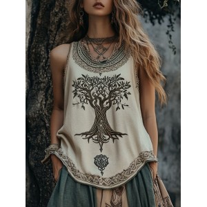 Vintage Tribal Tree Of Life Print Sleeveless Linen Blend Tank Top