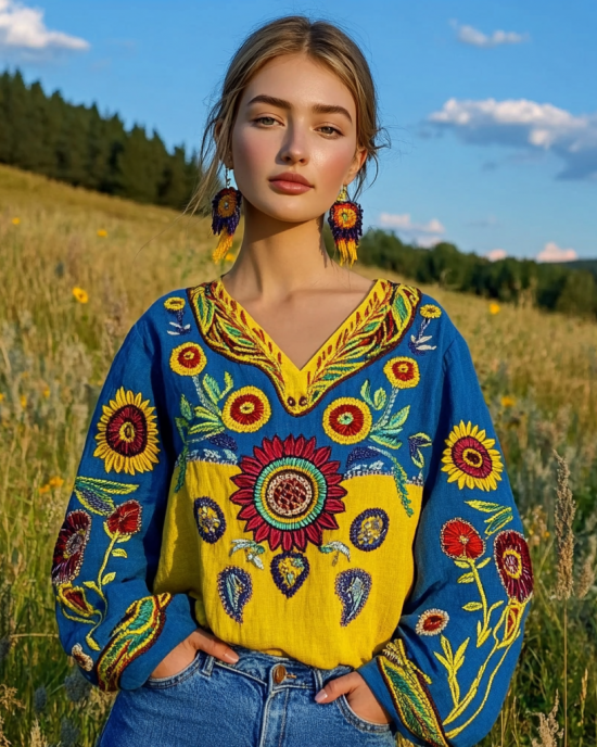 Ukrainian Folk Sunflower Floral Embroidery Contrasting Color Linen V-neck Shirt
