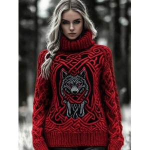 Women's Viking Wolf Knit Jacquard Turtleneck Sweater