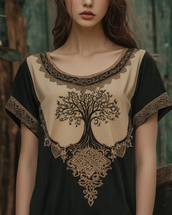 Vintage Tribal Tree Of Life Print Crew Neck Casual T-shirt Vintage Tribal Tree Of Life Print Crew Neck Casual T-shirt