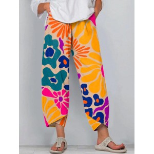 Women's Abstract Art Floral Print Linen Blend Pants