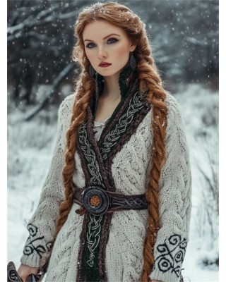 Medieval Celtic Contrast Hem Cozy Chunky Long Cardigan