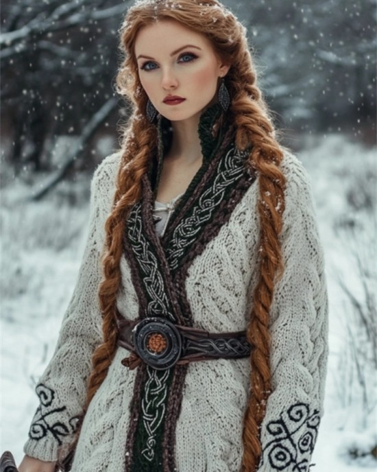 Medieval Celtic Contrast Hem Cozy Chunky Long Cardigan Medieval Celtic Contrast Hem Cozy Chunky Long Cardigan