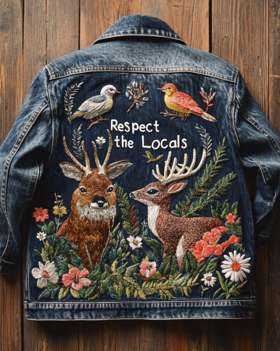 Retro Elk Floral Embroidered Art Respect The Locals Denim Jacket Retro Elk Floral Embroidered Art Respect The Locals Denim Jacket