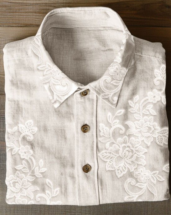 Classy Floral Embroidered Lace Linen Blend Blouse Classy Floral Embroidered Lace Linen Blend Blouse