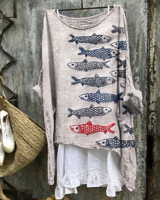 Women's Japanese Art Fish Embroidery Linen Blend Shirt