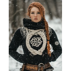 Women's Viking Tribal Jacquard Celtic Inspired Chunky Knit Hooded Sweater