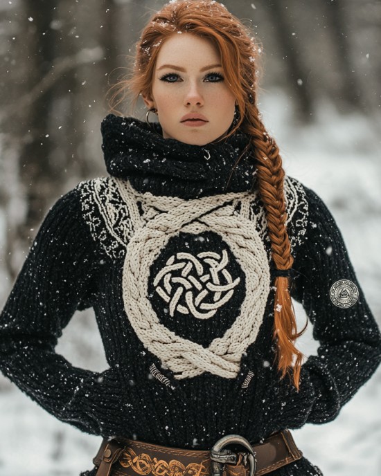 Women's Viking Tribal Jacquard Celtic Inspired Chunky Knit Hooded Sweater Women's Viking Tribal Jacquard Celtic Inspired Chunky Knit Hooded Sweater